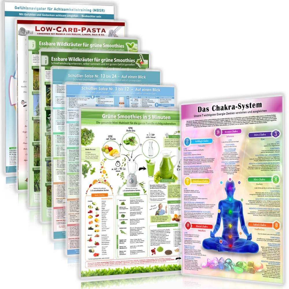 8 Helfer für Balance, Wohlbefinden & Gesundheit (2024) – Eine bewusste Lebensweise mit dem Chakra System, dem Gefühlsnavigator für ... & Low ... & Low Carb Pasta – 8teilig, DINA4, laminiert Medicine