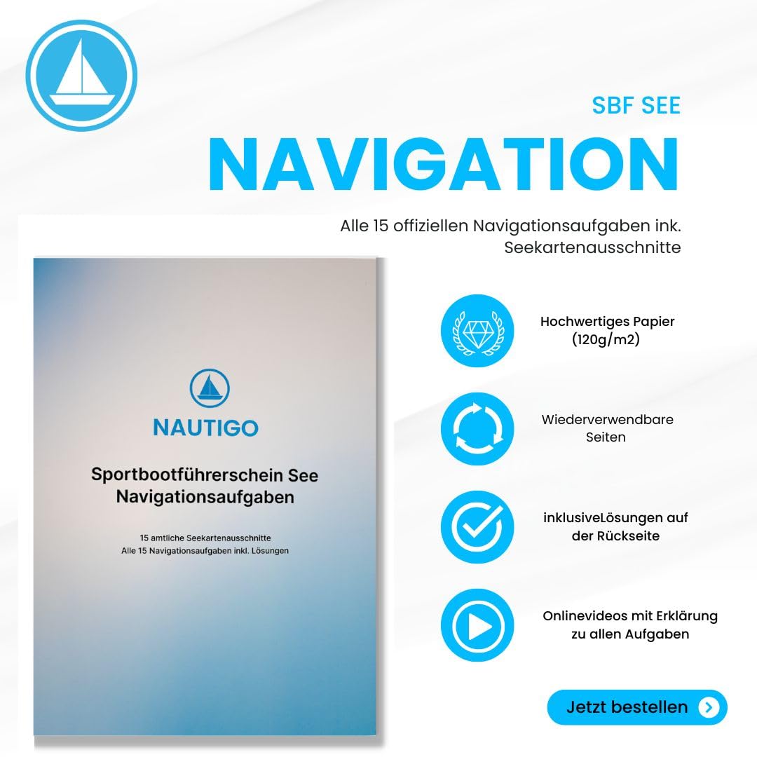 Nautigo SBF See Seekarten-Set für den Sportbootführerschein See - Alle 15 offiziellen Navigationsaufgaben mit Lösungen in Premium-Papier für die Wiederverwendung und hochwertiger Mappe Leisure & Fun