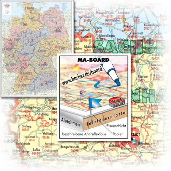 BACHER Postleitzahlen-Karte. 1:700000 mit ACNielsen-Gebiete, MA-BOARD Landkartentafel, aufgezogen, folienbeschichtet, magnetisch mit Aluleiste ... und Gewässernetz dezent im Hintergrund Leisure, Home & Garden