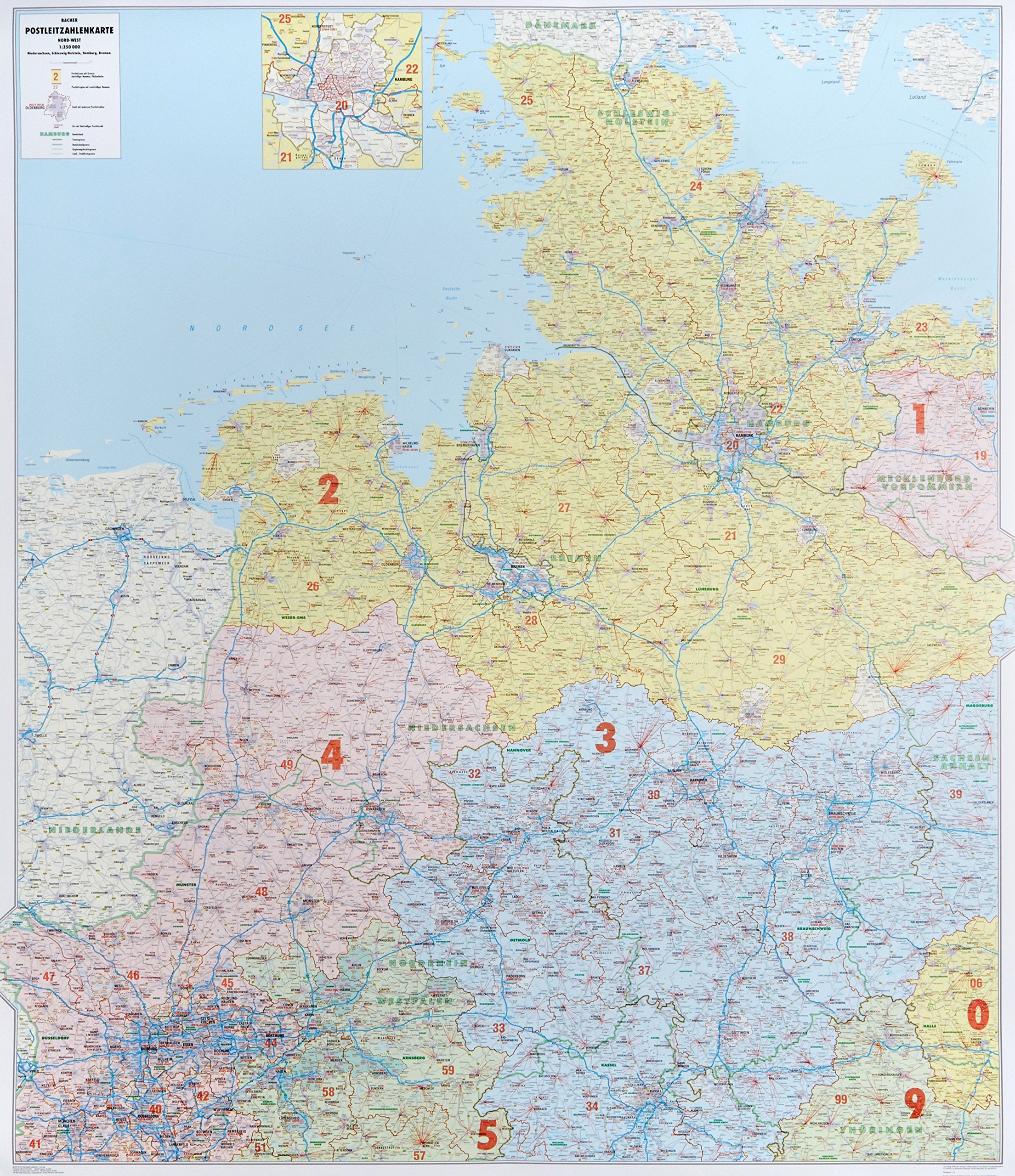 Bacher Postleitzahlenkarte Deutschland Nord-West 1 : 350 000. Poster-Karte Papier Leisure, Home & Garden