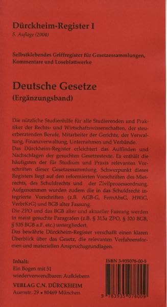 Dürckheim-Register / Deutsche Gesetze (z.B. "Schönfelder Ergänzungsband"): Selbstklebendes bedrucktes Griffregister für Gesetze, Kommentare und ... zudem in relevante Paragrafen untergliedert. Law