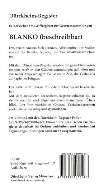 BLANKO Griffregister Nr. 597: 102 beschreibbare, selbstklebende Griffregister für Gesetzessammlungen: Selbstklebende beschreibbare Papierreiter zur ... den Klausuren den Überblick über Ihr Gesetz. Law