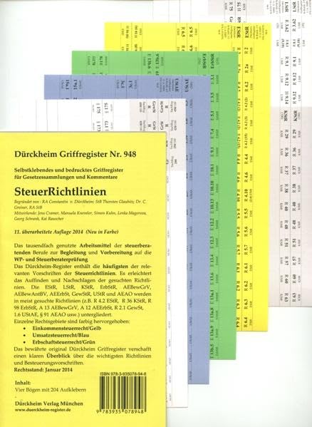 SteuerRichtlinien Griffregister Nr. 948 (2014): 255 selbstklebende und farbig bedruckte Griffregister für SteuerRichtlinien: Praktische Aufschlaghilfe ... EStR=Gelb, UStR=Blau, ErbStR=Grün. Law