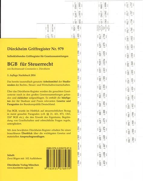 BGB im Steuerrecht, Griffregister Nr. 979 (Nachdruck 2017): 102 bedruckte Griffregister für das Bürgerliche Gesetzbuch: 102 bedruckte Griffregister ... steuerrechtlicher Relevanz des BGB. Law