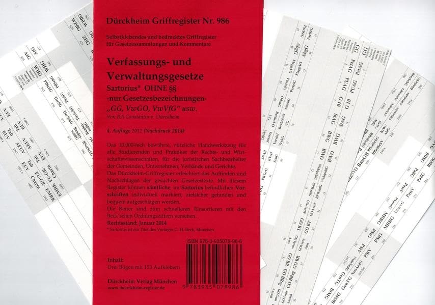 Griffregister Nr. 986 SARTORIUS 1, Verfassungs- und Verwaltungsgesetze, alle Gesetze OHNE §§, Griffregister,2014, !!! Die Neuauflage 2016 ... kommt im Januar mit der ISBN 9783864530845!!! book