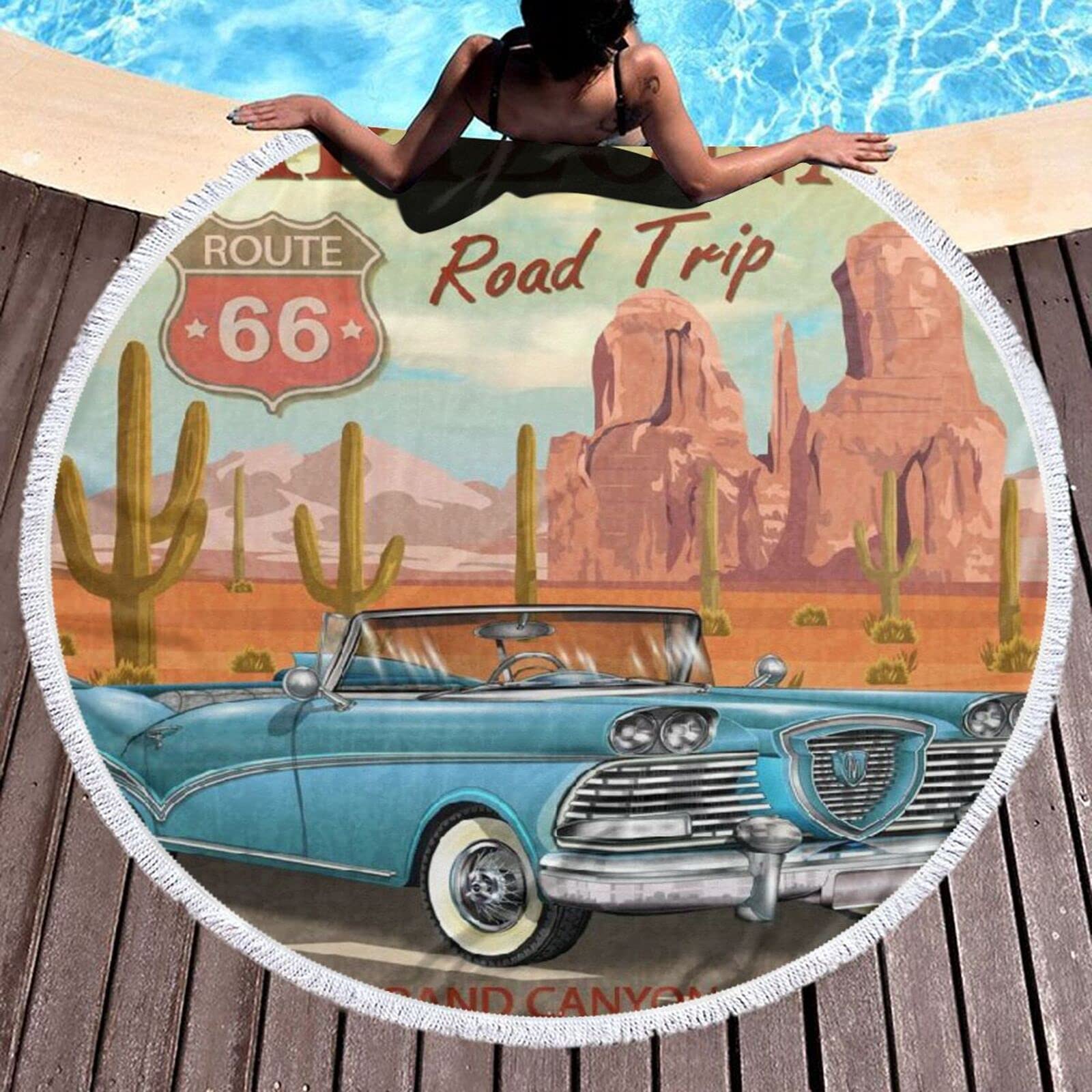 Oversized Round Beach Towel,Arizona Road Trip with Scenic Grand Canyon Ba,with Tassels Soft Absorbent Quick Dry Beach Blanket Yoga Carpet for Bath,Pool,Beach,Picnic 59 Inches book