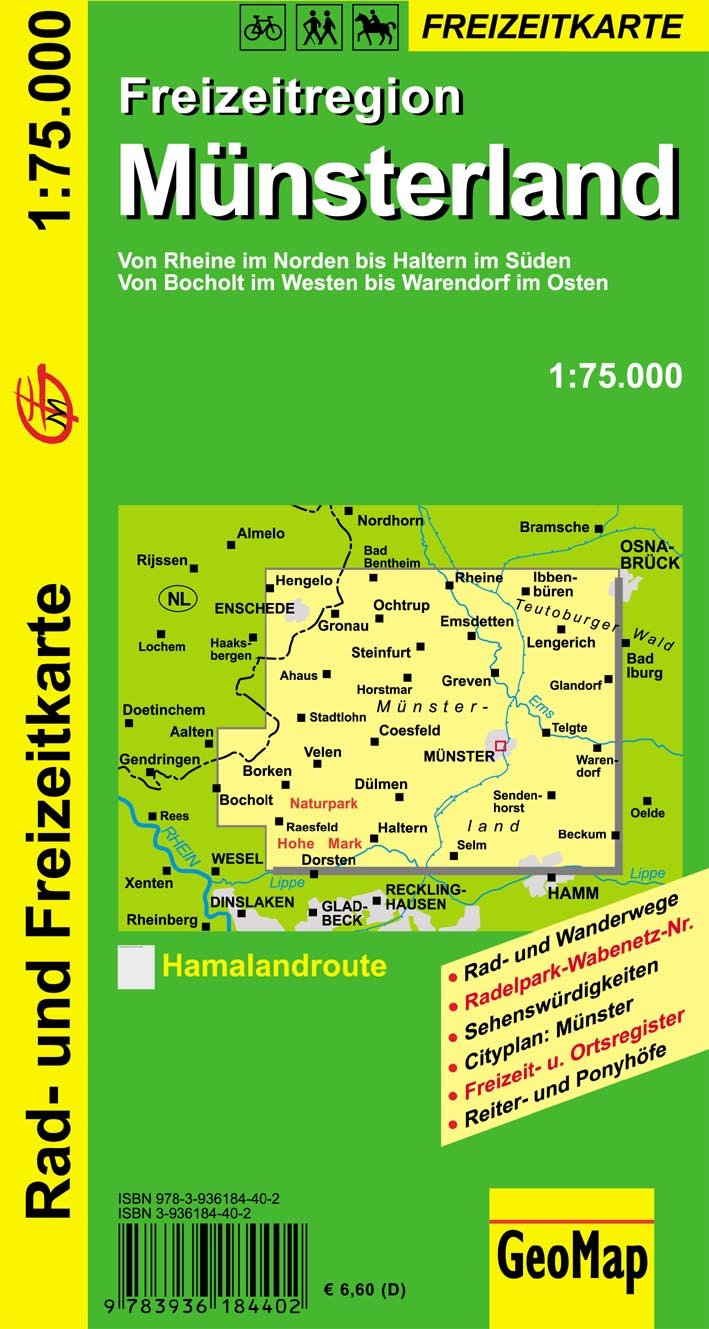 Münsterland 1 : 75 000: Rad- und Freizeitkarte. Von Rheine im Norden bis Haltern im Süden. Von Bocholt im Westen bis Warendorf im Osten: Von Rheine im ... u. Ortsregister, Reiter- u. Ponyhöfe Leisure, Home & Garden