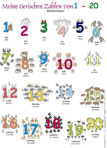 Meine tierischen Zahlen von 1-20. Poster: Deutsch /Türkisch Study Guides