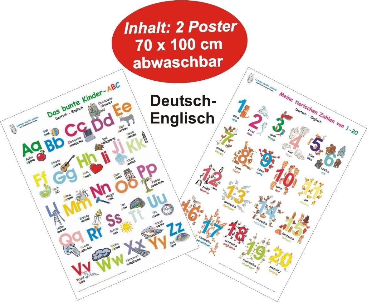 Das bunte Kinder-ABC + Meine tierischen Zahlen von 1-20 Deutsch/Englisch: 2 Lernposter 70 x 100 cm, gerollt, abwaschbar + UV-Lack beschichtet: 2 Lernposter, gerollt, abwaschbar + UV-Lack beschichtet Foreign Languages ​​& Dictionaries