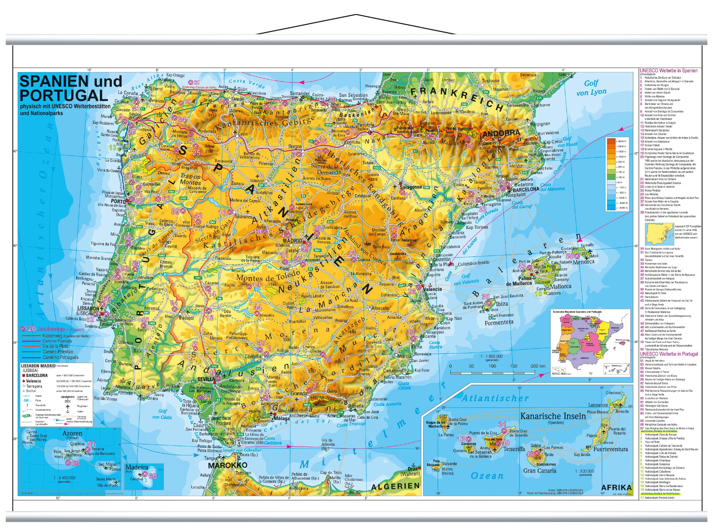 Spanien und Portugal physisch Wandkarte mit UNESCO Welterbestätten und Nationalparks und Metallbeleistung NEUE AUFLAGE: Wandkarte mit Metallbeleistung Leisure, Home & Garden