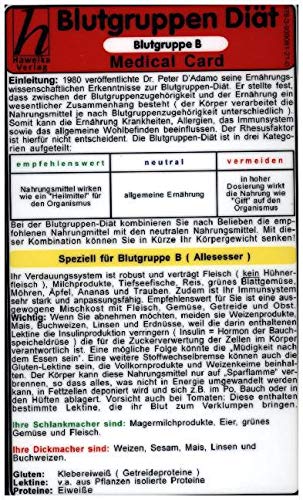 Blutgruppen - Diät B. Medical Card DIN A5 Medicine