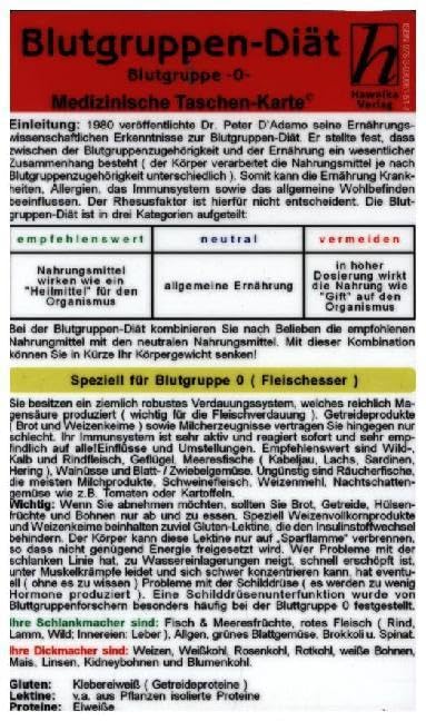 Blutgruppen-Diät - Blutgruppe 0 - Medizinische Taschen-Karte Medicine
