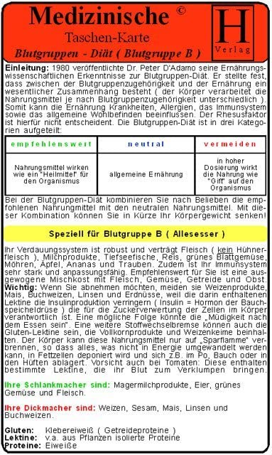 Blutgruppen-Diät - Blutgruppe B - Medizinische Taschen-Karte Medicine