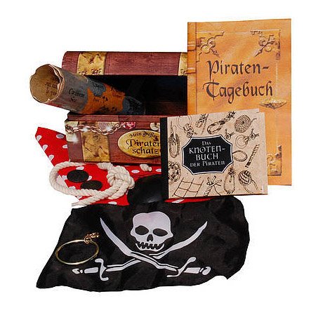 Mein großer Piratenschatz-Schatzkiste mit einem Reisetagebuch, ein Knotenbuch, Piratenflagge, -tuch, -augenklappe, - Ohrring, Schatzkarte, Münzen ect. Books