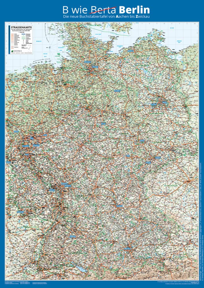 Kastanea Buchstabier-Straßenkarte Deutschland nach DIN 5009, DIN A0 (84 x 119 cm), Papierkarte gerollt: Papierkarte gerollt Maps & Plans
