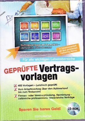 Geprüfte Vertragsvorlagen, CD-ROM: Für alle wichtigen Lebensbereiche. 400 Vorlagen - juristisch geprüft. Vom Arbeitsvertrag über den Autoverkauf bis ... Verträge. Für Windows 98SE/2000/XP/Vista Books