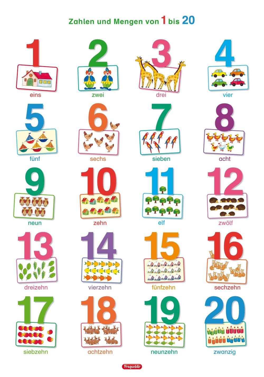 Fragenbär-Lernposter: Zahlen und Mengen von 1 bis 20 (in der Schulbuch-Druckschrift) L 70 x 100 cm: Gerollt, matt folienbeschichtet, abwischbar (Lerne mehr mit Fragenbär) Learning & Reference