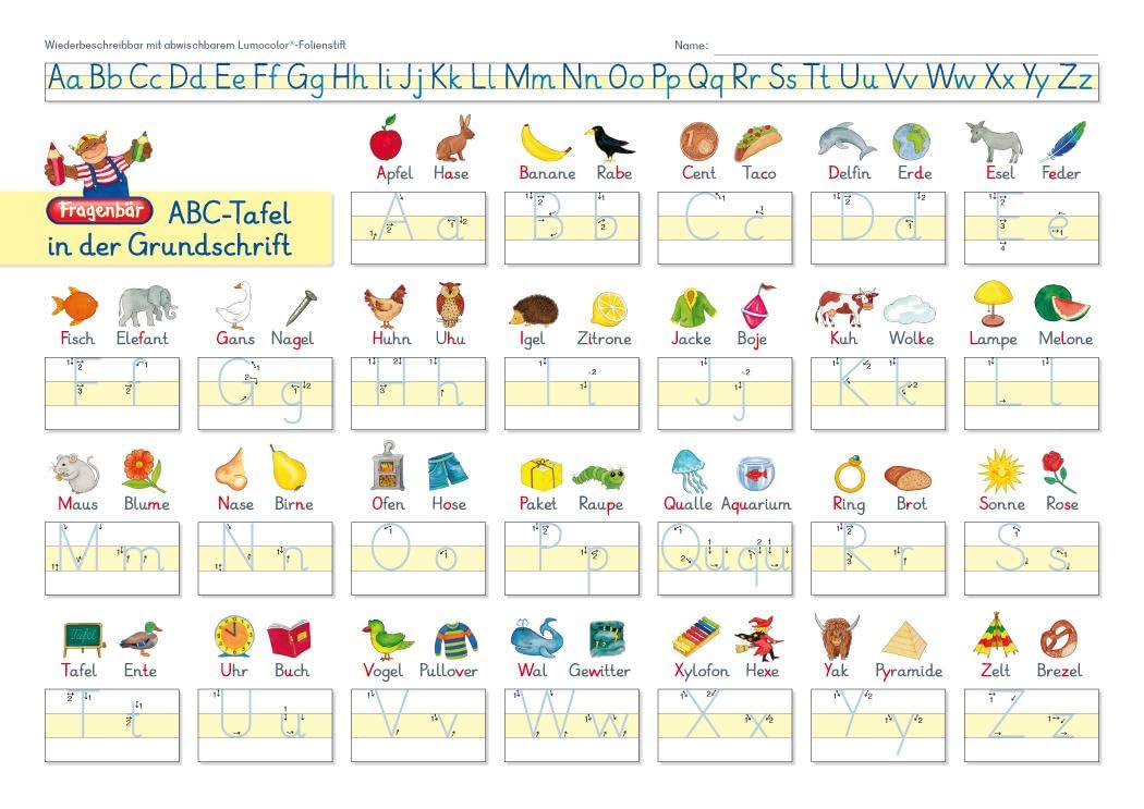 Fragenbär-Lerntafel: ABC-Tafel in der Grundschrift, 32 x 22,5 cm: stabiler Karton, folienbeschichtet, wiederbeschreibbar mit abwischbaren ... ohne Stift) (Lerne mehr mit Fragenbär) Non-fiction