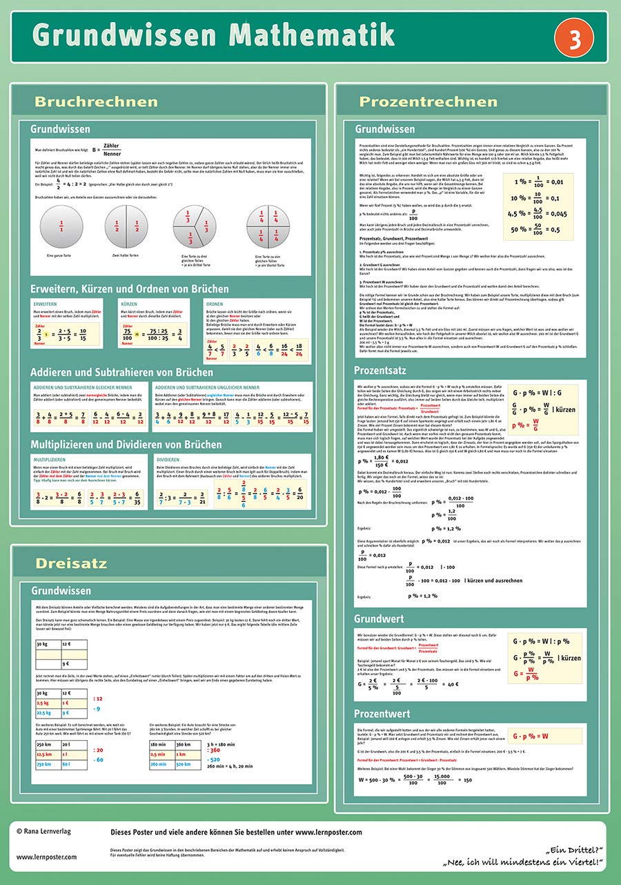 Lernposter Mathematik 3: Bruchrechnen, Prozentrechnen und Dreisatz: Dieses Lernposter vermittelt das Grundwissen in Bruchrechnen, Prozentrechnen und Dreisatz. Non-fiction