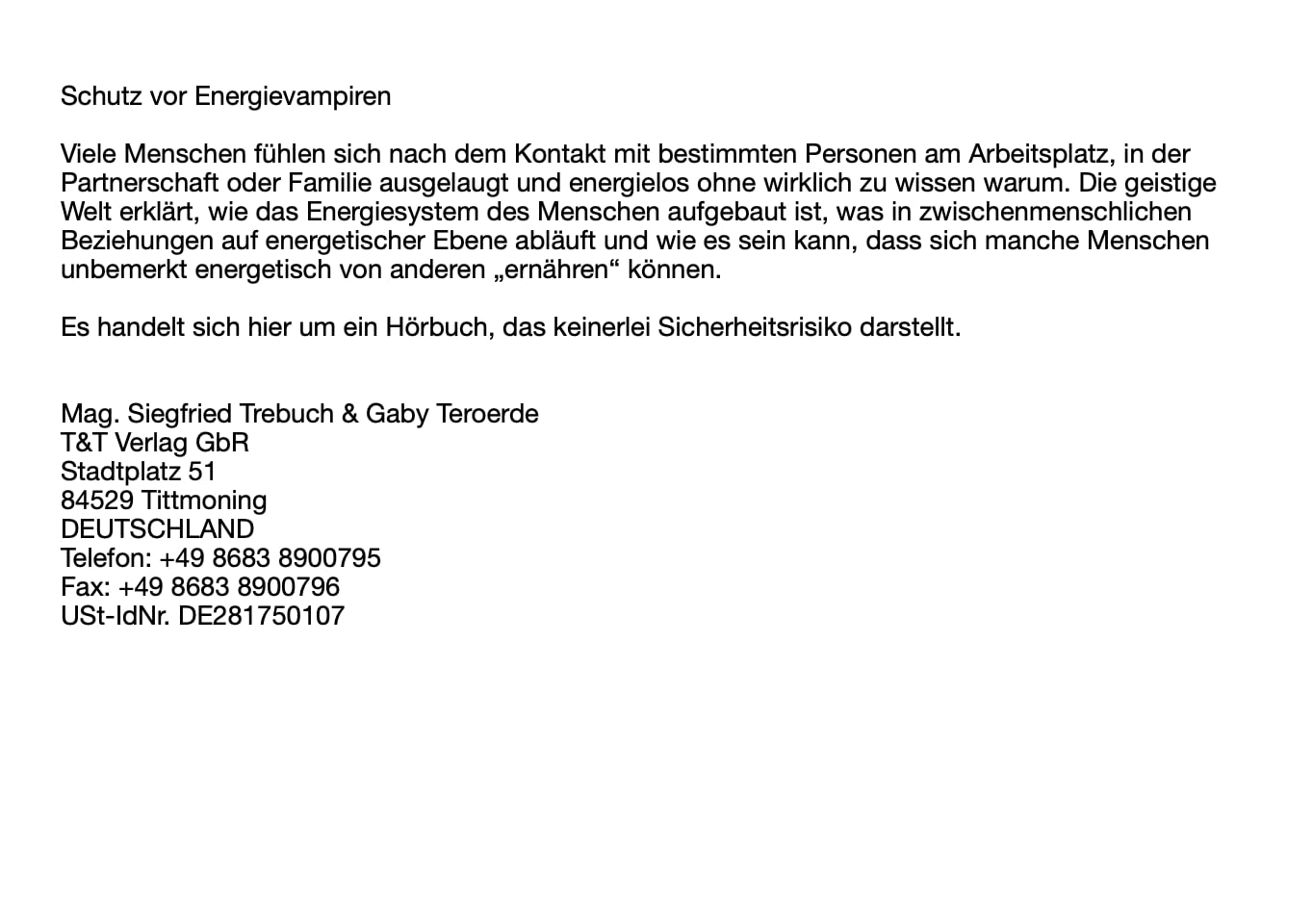 Schutz vor Energievampiren: Siegfried Trebuch im Gespräch mit Serapis Bey gechannelt durch Gaby Teroerde. Religion & Esotericism