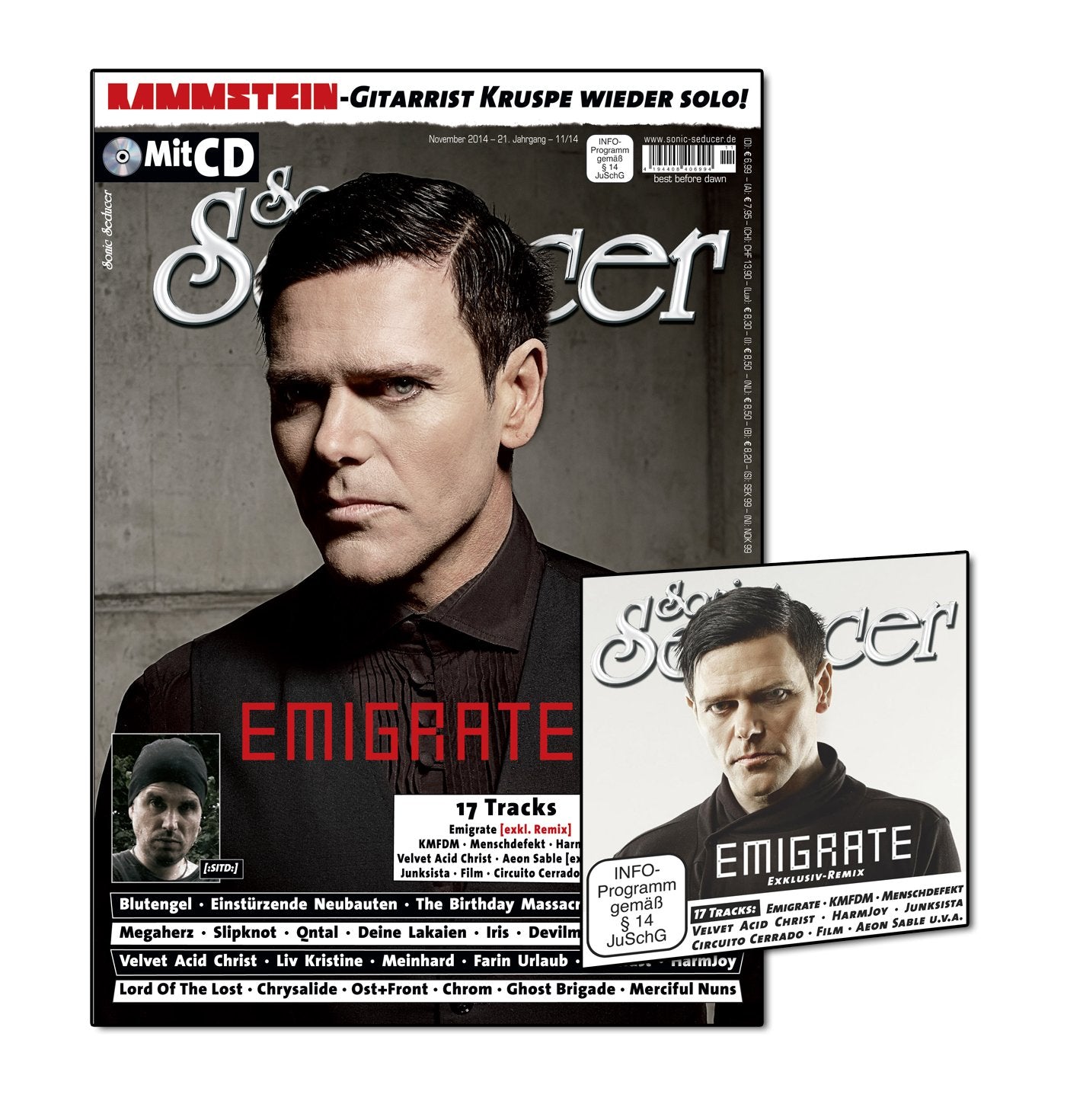 Sonic Seducer 11-2014 mit Emigrate-Titelstory + CD mit über 75 Min. Spielzeit und exkl. Vorab-Remix vom Album Silent So Long (Emigrate), Bands: Blutengel, KMFDM, Megaherz u.v.m. Arts & Music