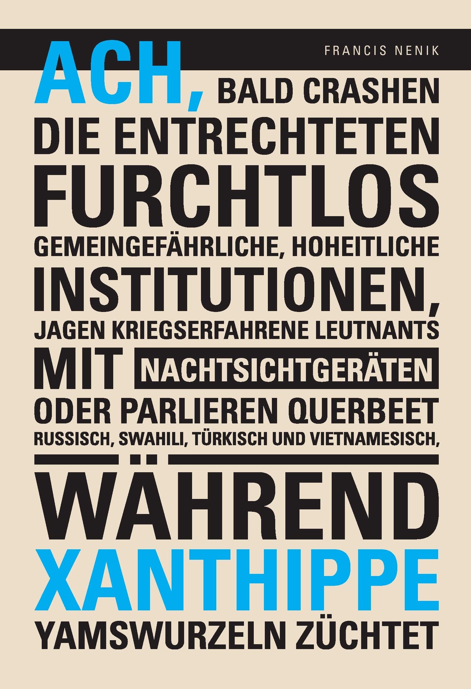 Ach, bald crashen die Entrechteten furchtlos gemeingefährliche, hoheitliche Institutionen, jagen kriegserfahrene Leutnants mit Nachtsichtgeräten oder parlieren querbeet Russisch, Swahili, Türkisch und Vietnamesisch, während Xanthippe Yamswurzeln züchtet book