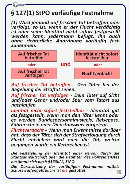 Lehrtafel § 127(1) StPO vorläufige Festnahme: Rechfertigungsgrund in der Strafprozessordnung Law