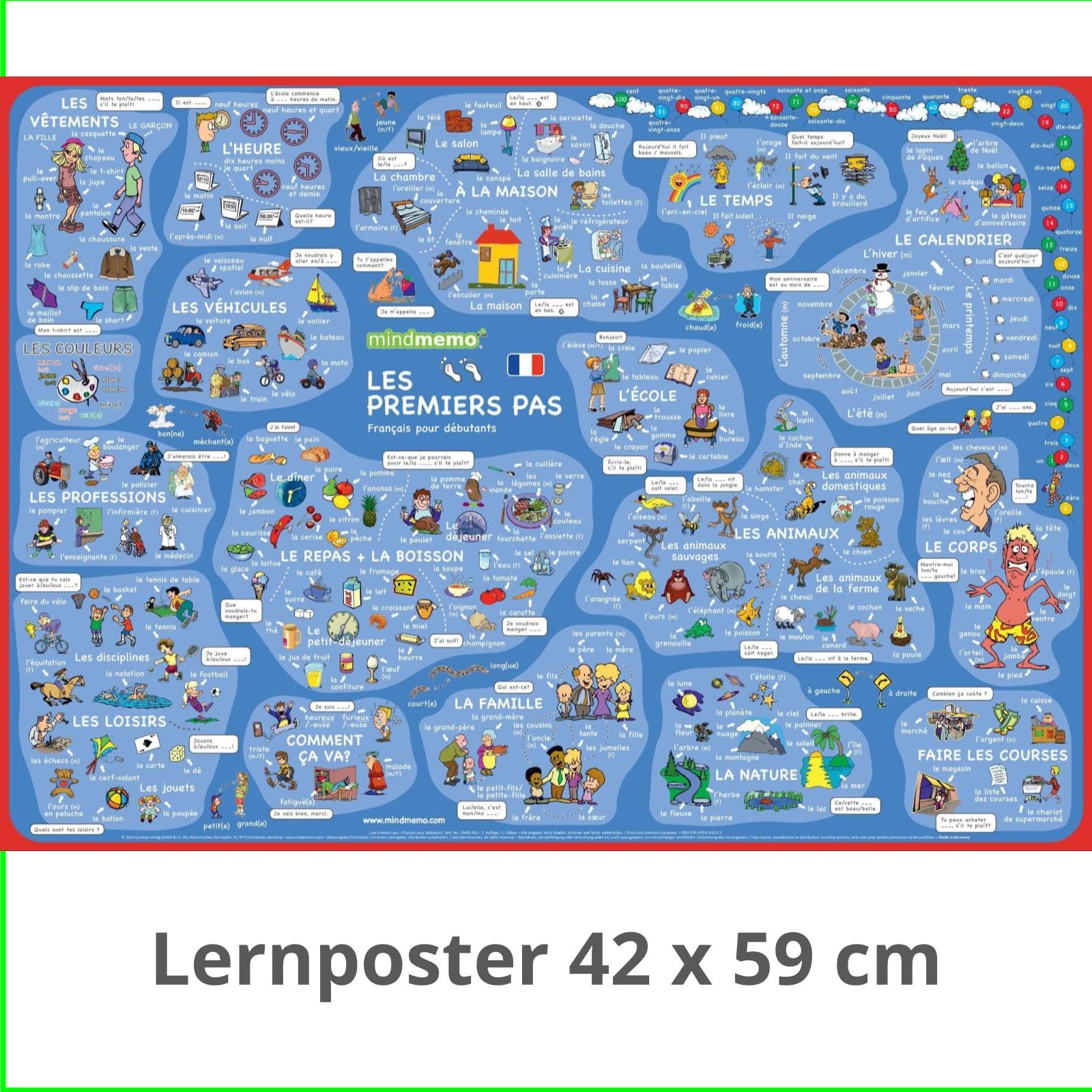 mindmemo Lernposter - Les premiers pas - Französisch für Einsteiger - Vokabeln lernen mit Bildern - Zusammenfassung Social Sciences