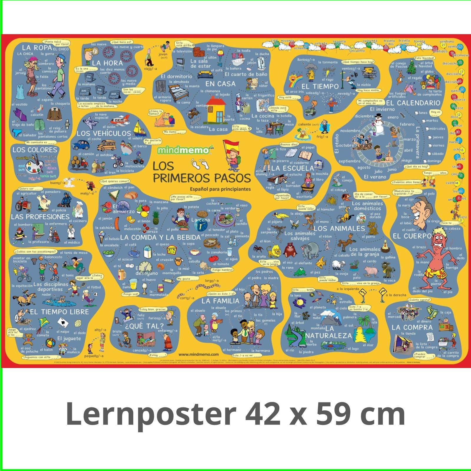 mindmemo Lernposter - Los primeros pasos - Spanisch für Einsteiger - Vokabeln lernen mit Bildern - geniale Lernhilfe - DinA2 PremiumEdition: Vokabeln ... A2 42x59 cm PremiumEdition in Transportrolle Foreign Languages ​​& Dictionaries