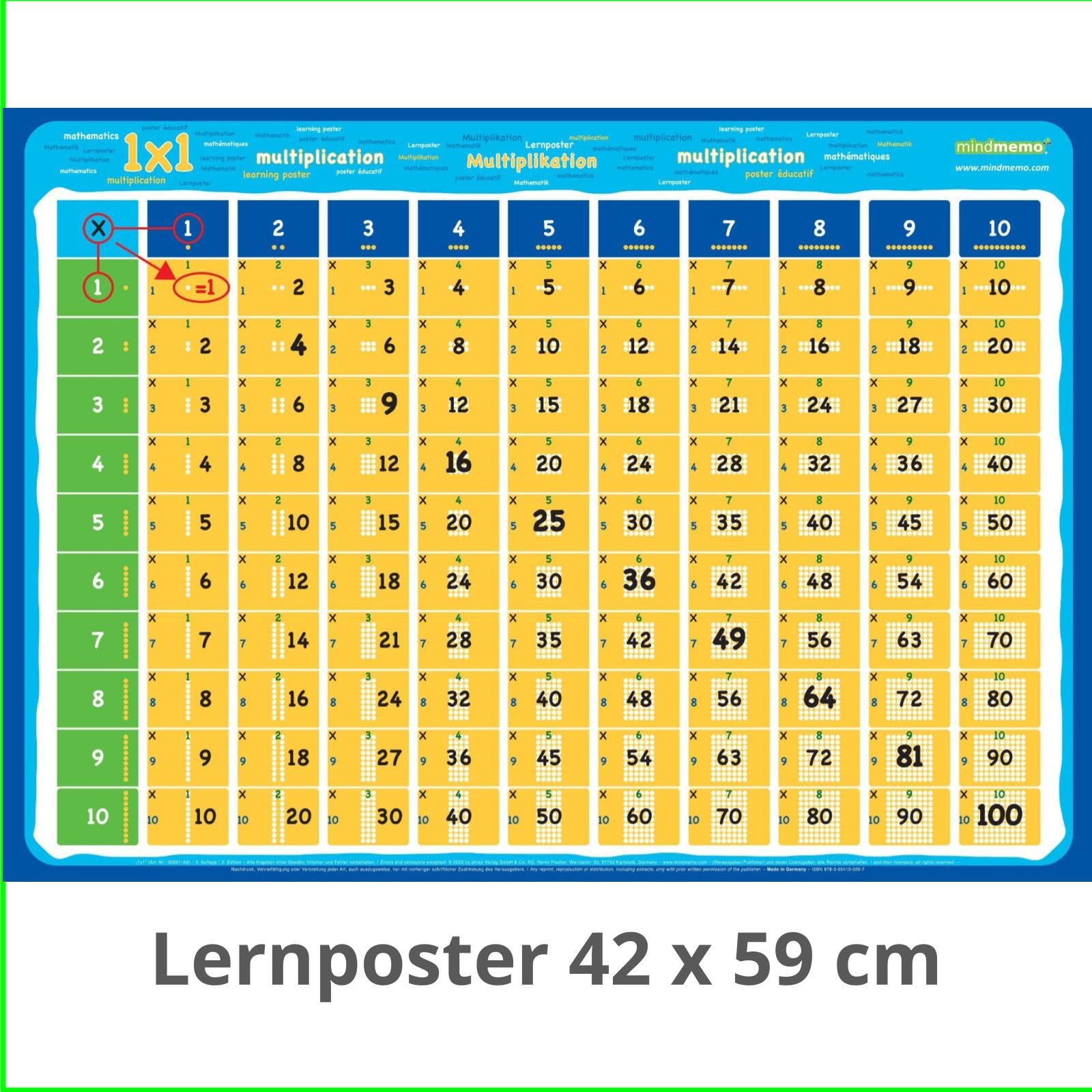 mindmemo - Das 1x1 lernen Poster - Mathe Lernposter Multiplikation Grundschule einfach EinMalEins einfach lernen Multipliziertabelle 1mal1 Mathematik ... Lernhilfe - DinA2 PremiumEdition Study Guides