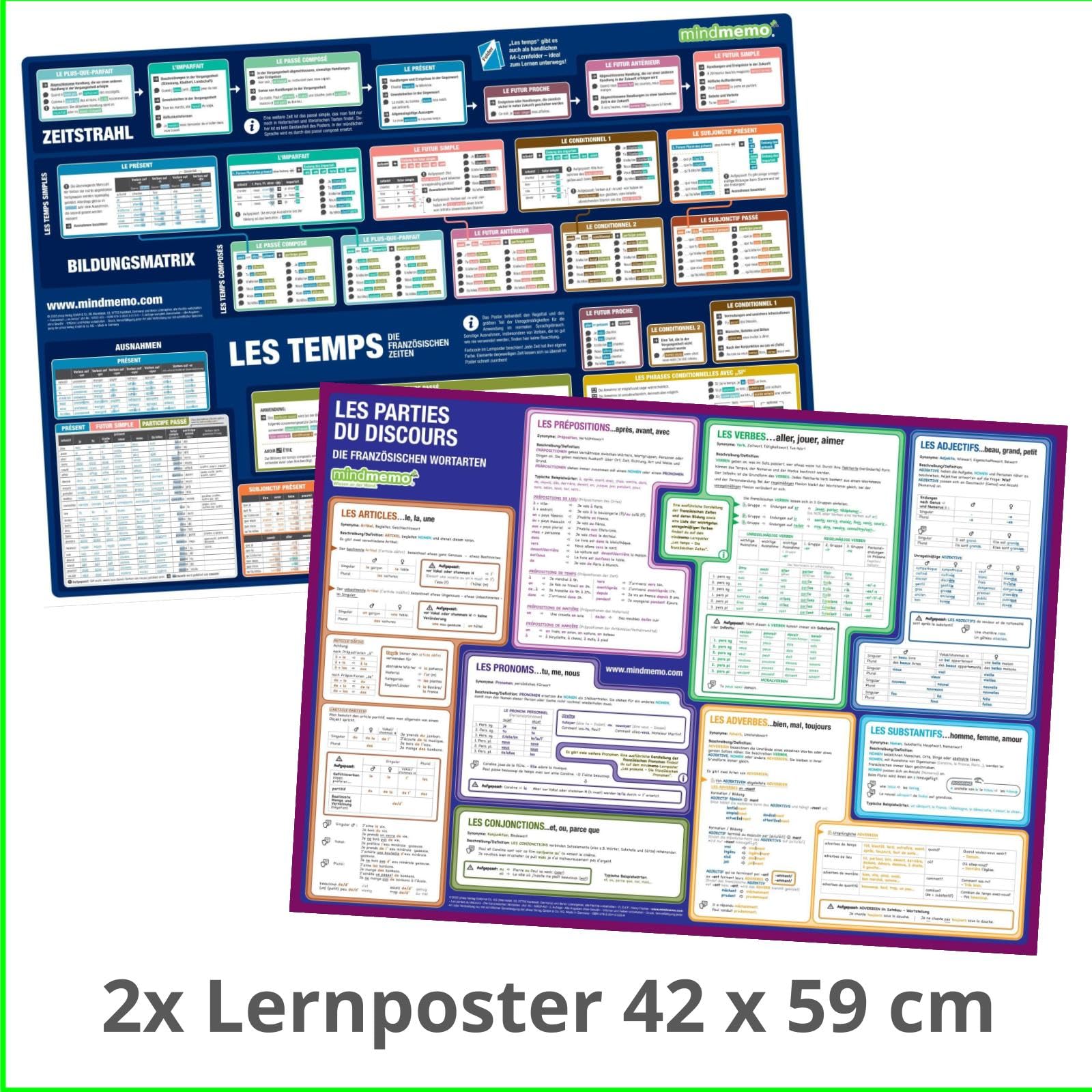 mindmemo Lernposter 2er Set - Französische Zeiten + Wortarten lernen Grammatik verständlich erklärt Grundwissen Lernhilfe Zusammenfassung 2x Poster ... Set - 2x Lernübersicht DinA2 PremiumEdition Foreign Languages ​​& Dictionaries