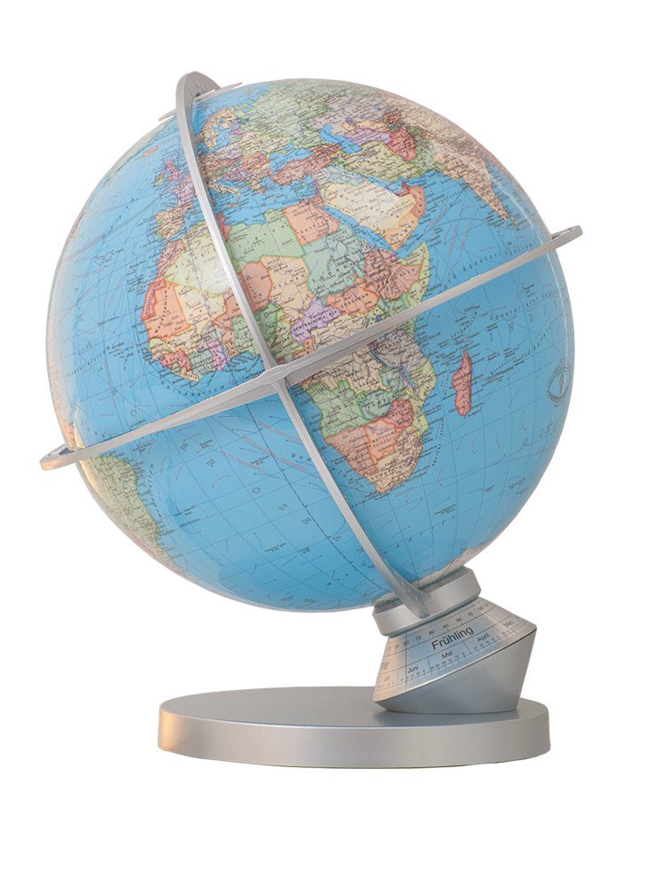 T203052-9 Columbus DUO Planet Erde: DUO Kartenbild, handkaschiert, unbeleuchtet politisch, beleuchtet physisch, Kunststoff silbermetallic, beleuchtet, ... Daemmerungszonen, Jahreszeitenskala Geology & Geography