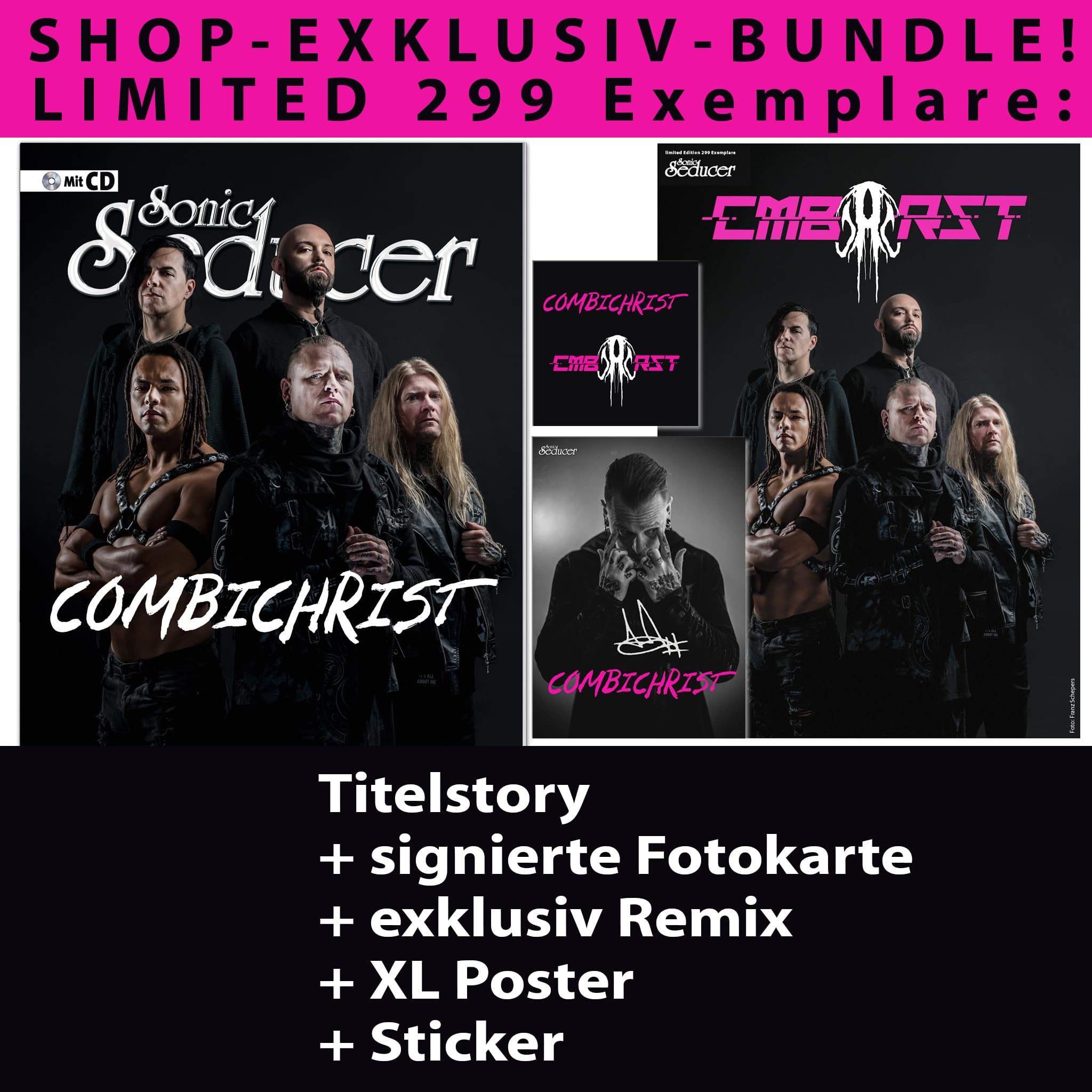 LIMITED Sonic Seducer 04/2024: Combichrist “CMBCRST”-Bundle: Titel Story + signierte Fotokarte + XL Poster + Sticker + exklusiv Remix Books