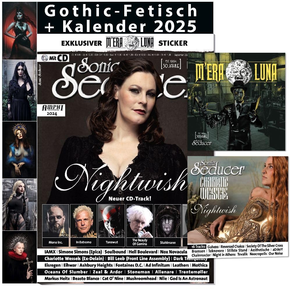 Sonic Seducer 09/2024 +Gothic Fetisch Kalender 2025 +M’era Luna Sticker+CD: Nightwish (New Track) +In Extremo +Mono Inc. +Nick Cave +Tanzwut ... Wessels (Ex-Delain) + Simone Simons (Epica) Calendars