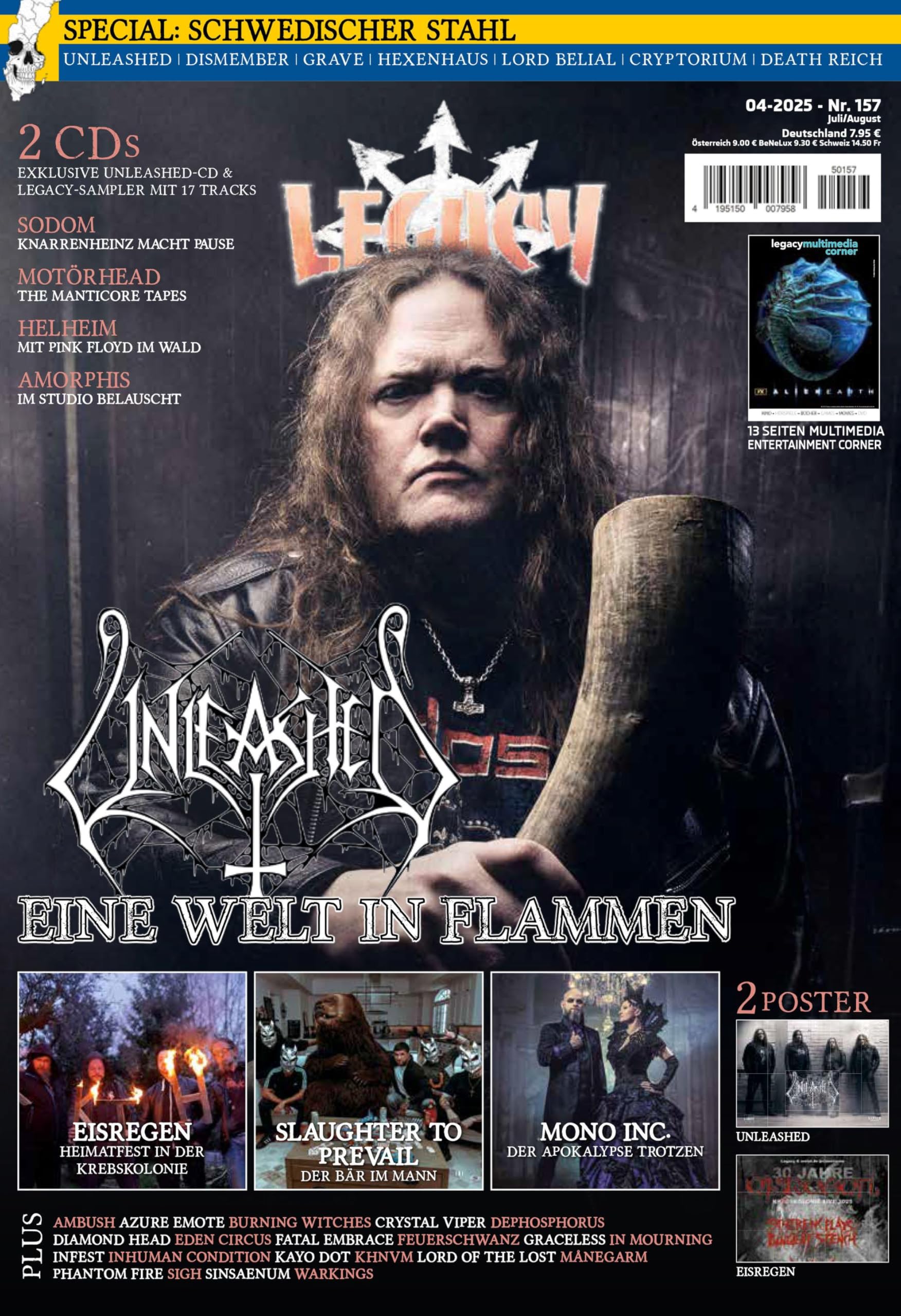 LEGACY MAGAZIN: THE VOICE FROM THE DARKSIDE: Ausgabe #157 (4/2025) mit UNLEASHED inkl. exklusiver EP "Fire Upon Your Lands" mit 5 Tracks, sowie ... Hexenhaus, Cryptorium und Death Reich Film, Art & Culture