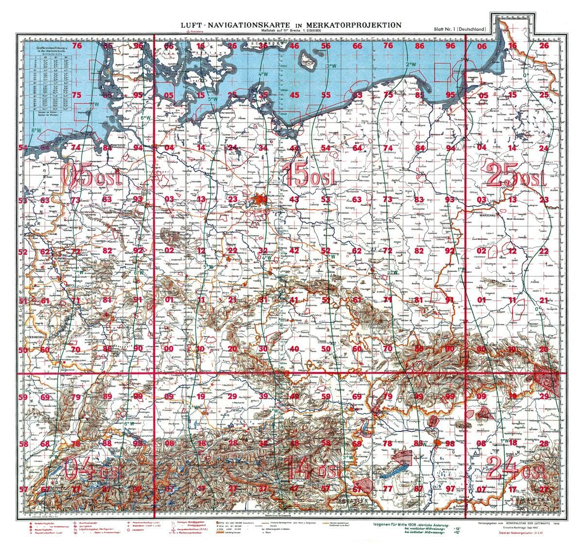 LUFTKRIEG - Luft-Navigationskarte: Deutschland mit Bodenorganisation der Luftwaffe 1943 (Plano) Leisure, Home & Garden