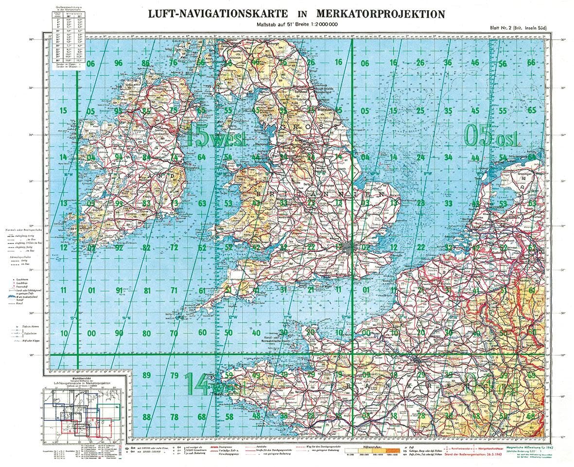 LUFTKRIEG - Luft-Navigationskarte: Britische Inseln (Süd) 1942 (Plano) Leisure, Home & Garden