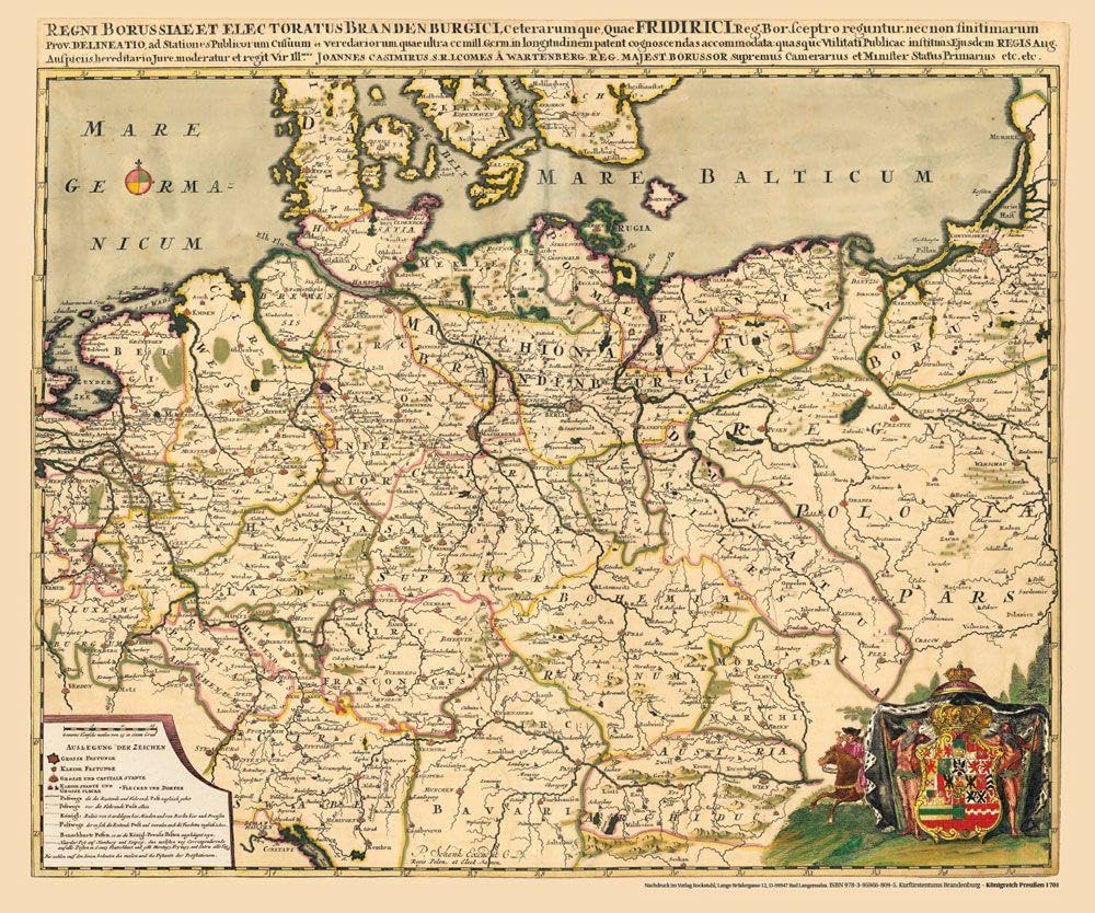 Historische Landkarte und Postkarte: KÖNIGREICH PREUSSEN 1701 German history