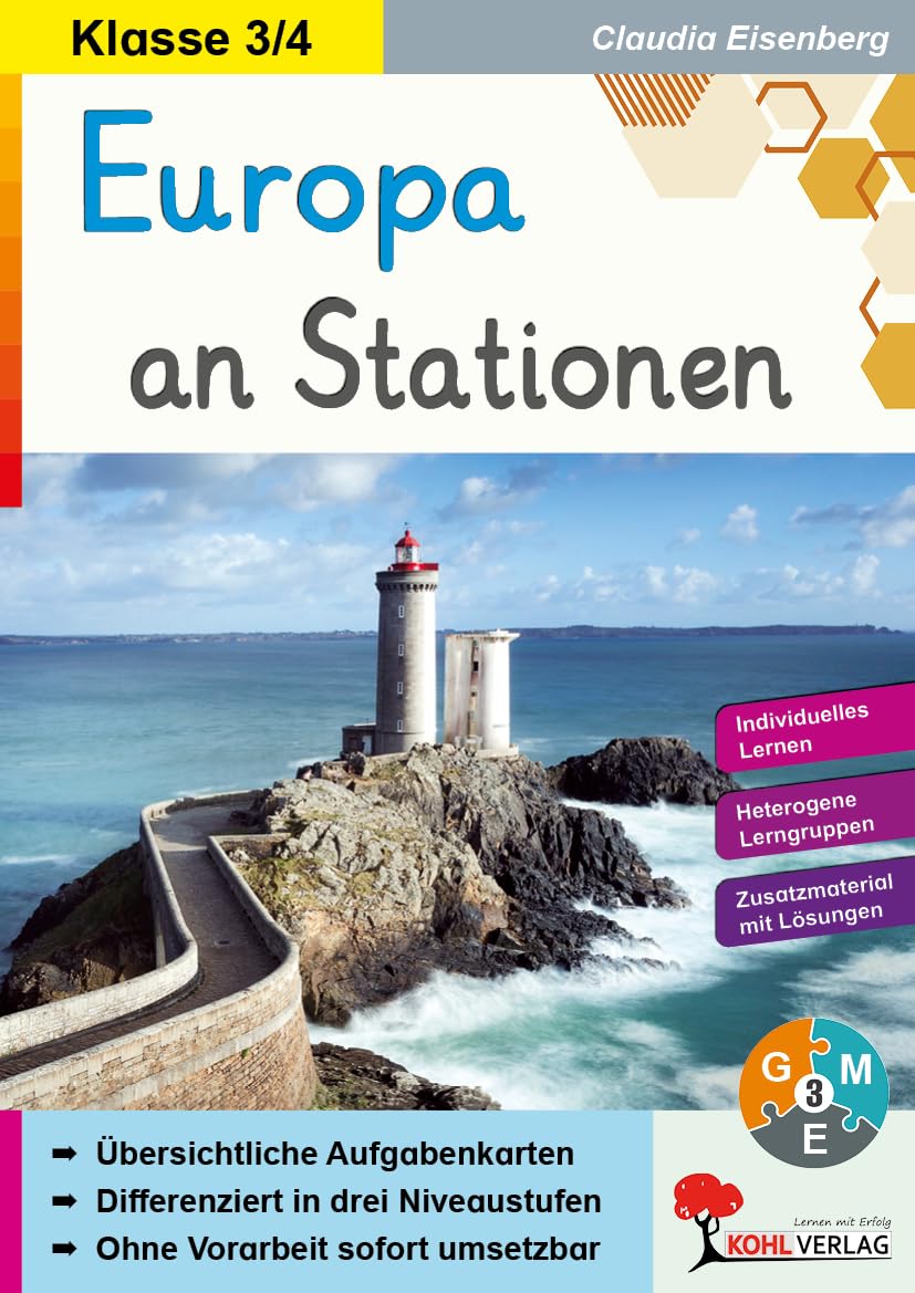 Europa an Stationen Sachunterricht Erdkunde Grundschule Klasse 3 4 Differenzierung Niveaustufen Grundschrift | Länder Hauptstädte Flüsse EU Gebirge ... Lernen in der Grundschule (Stationenlernen) Geology & Geography