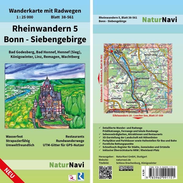 Rheinwandern 5 - Bonn - Siebengebirge: Wanderkarte mit Radwegen, Blatt 38-561, 1 : 25 000, Bad Godesberg, Bad Honnef, Hennef (Sieg), Königswinter, ... (NaturNavi Wanderkarte mit Radwegen 1:25 000) Leisure, Home & Garden