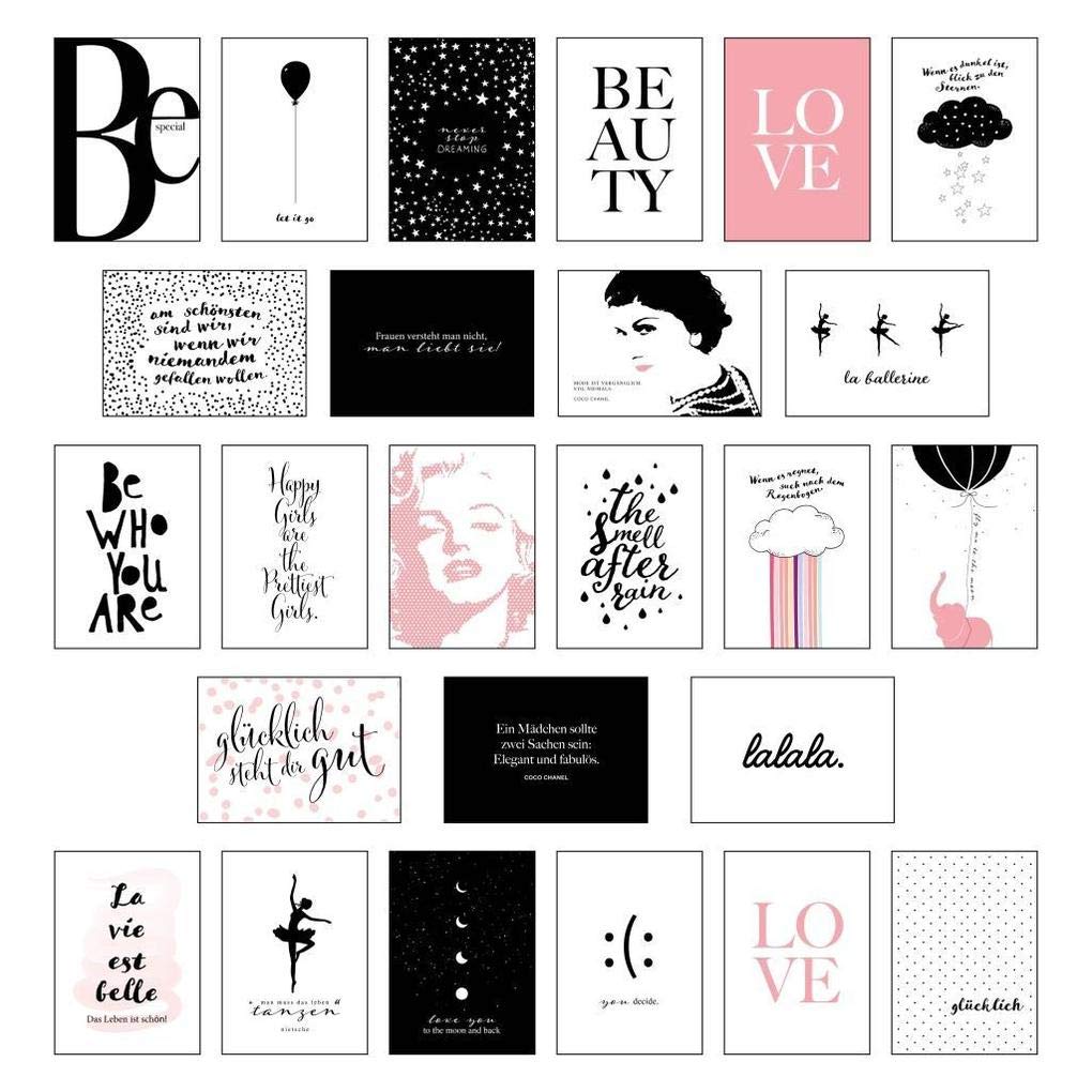 Schönes Postkarten Set mit 25 modernen und stylishen Postkarten zum Dekorieren oder Verschenken. Feminine Bilder, Sprüche und Statements für Frauen. Hochwertige Spruchkarten in dekorativer Box. Lifestyle