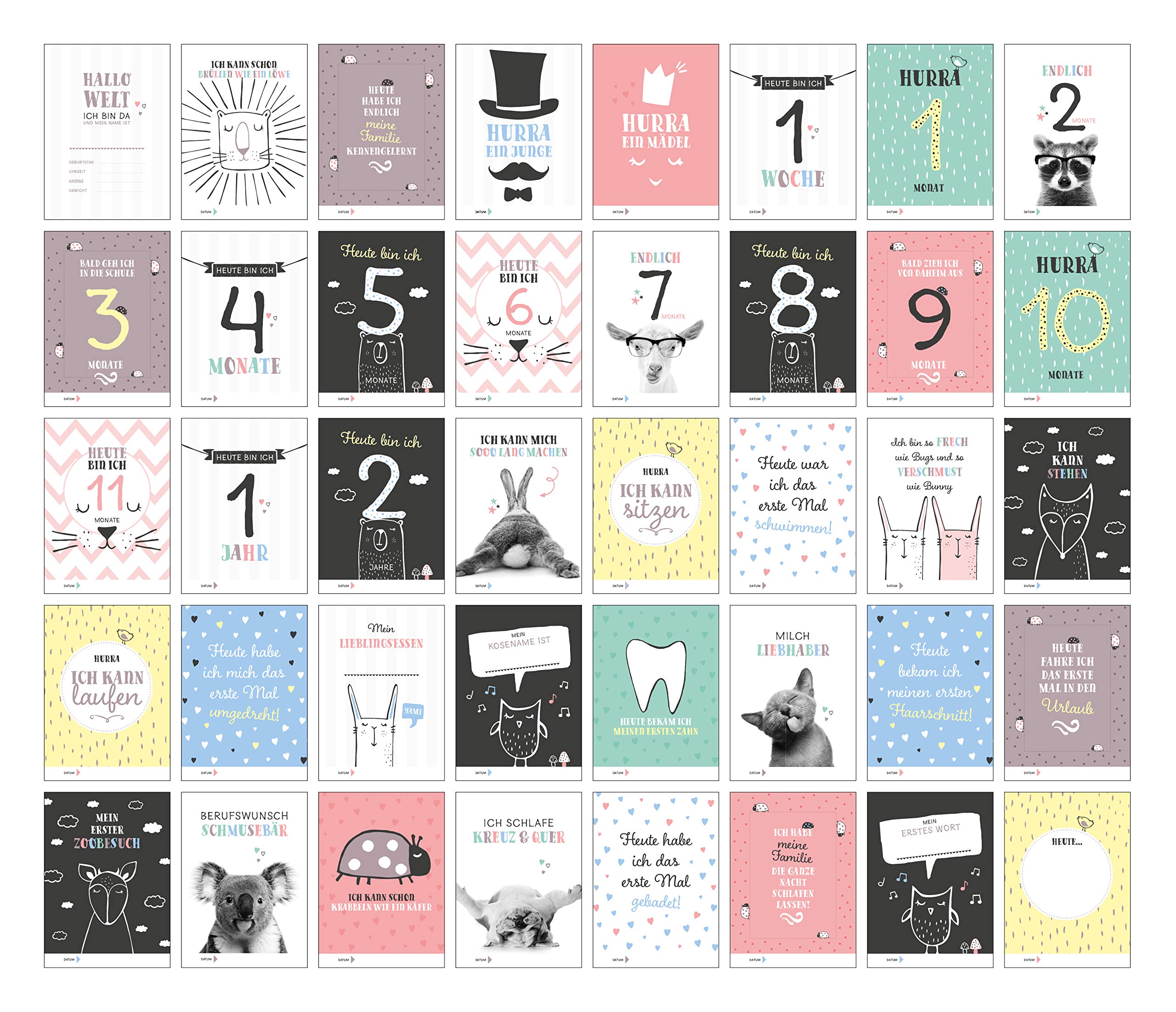 40 Baby Meilenstein-Karten für das 1. Lebensjahr für Mädchen und Junge. Baby Milestone Cards deutsch, zur Erinnerung der Entwicklung der ersten ... ... Geburt, Schwangerschaft, Taufe oder Baby Show book