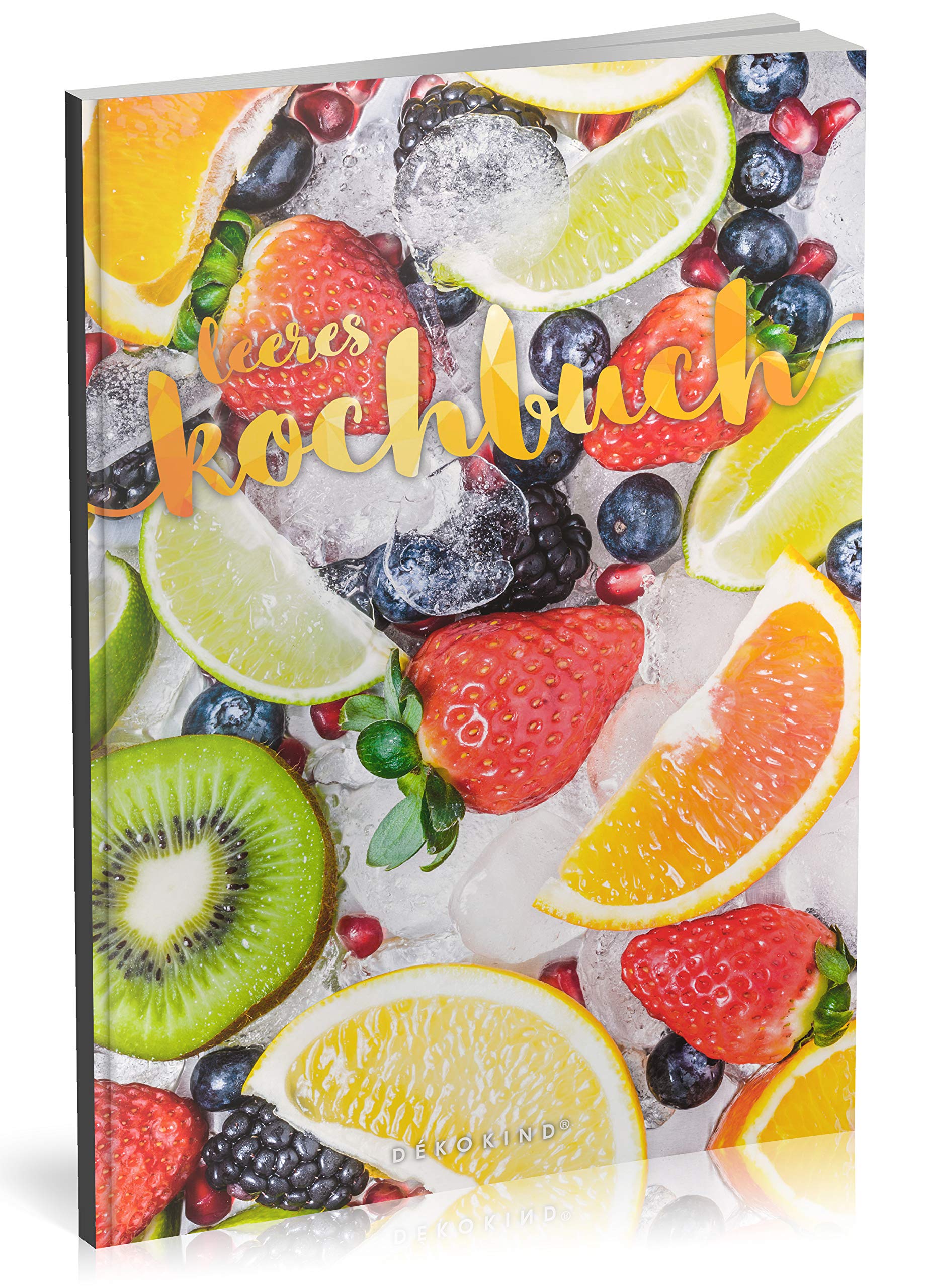 Dékokind® Leeres Kochbuch: Für über 80 Lieblingsrezepte || Ca. A5 Softcover || Rezeptbuch zum Selbstgestalten / Selberschreiben mit Inhaltsverzeichnis || Motiv: Gefrorenes Obst Cooking & Enjoying