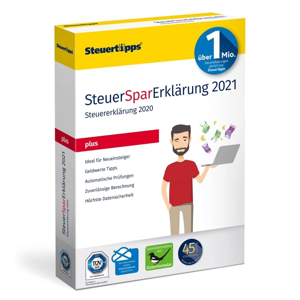 SteuerSparErklärung Plus 2021, Schritt-für-Schritt Steuersoftware für die Steuererklärung 2020, Steuer CD-Rom für Windows 10 und 8 Taxes & Bookkeeping