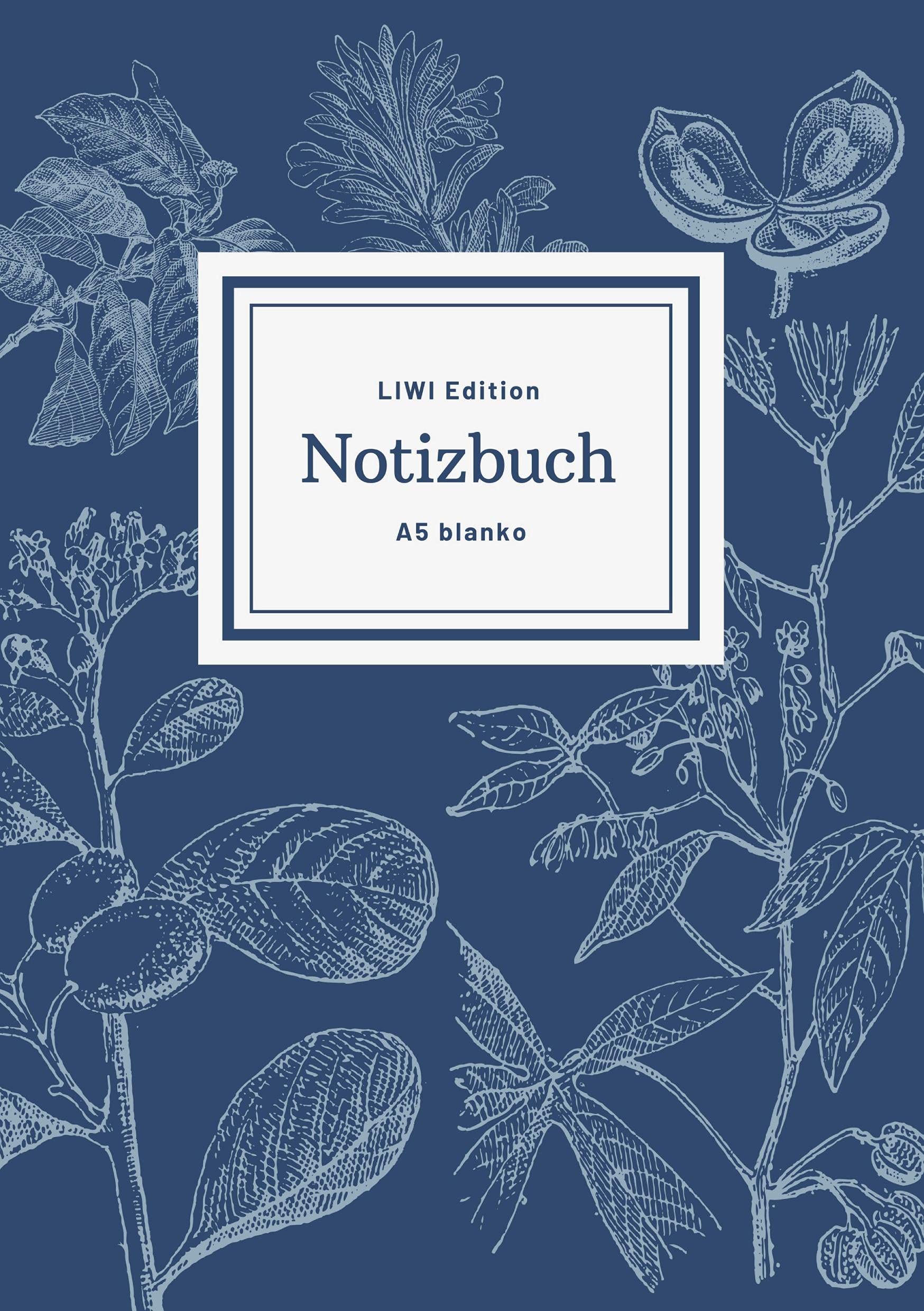 Notizbuch schön gestaltet mit Leseband - A5 Hardcover blanko - 100 Seiten 90g/m² - floral dunkelblau - FSC Papier: Notebook A5 Hardcover blanko Lifestyle
