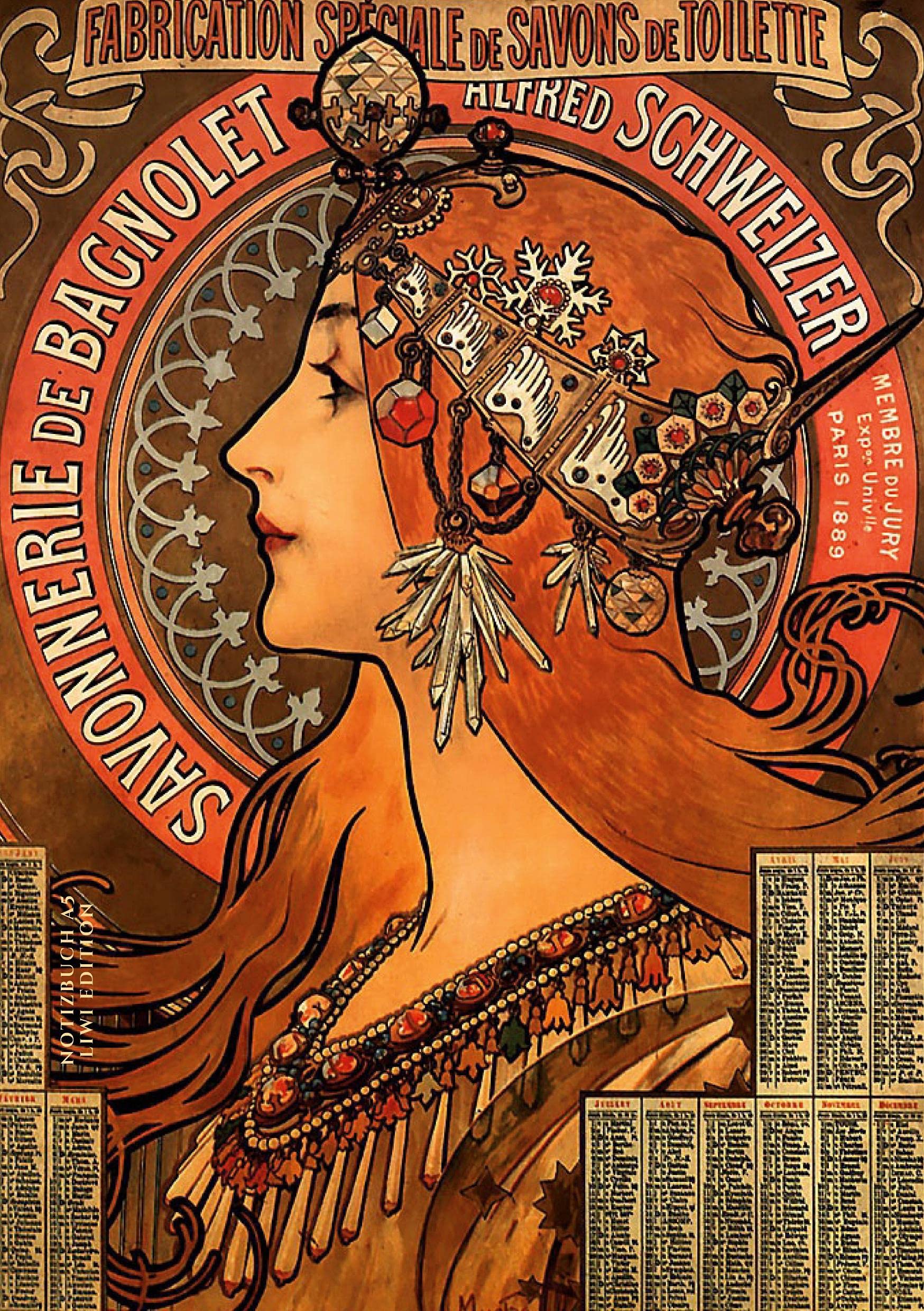 Notizbuch schön gestaltet mit Leseband - A5 Hardcover blanko - Jugendstil - 100 Seiten 90g/m² - FSC Papier: Notebook A5 - Art nouveau - Journal Hardcover blanko - Alfons Mucha "Savonnerie de Bagnolet" Essays & Short Stories