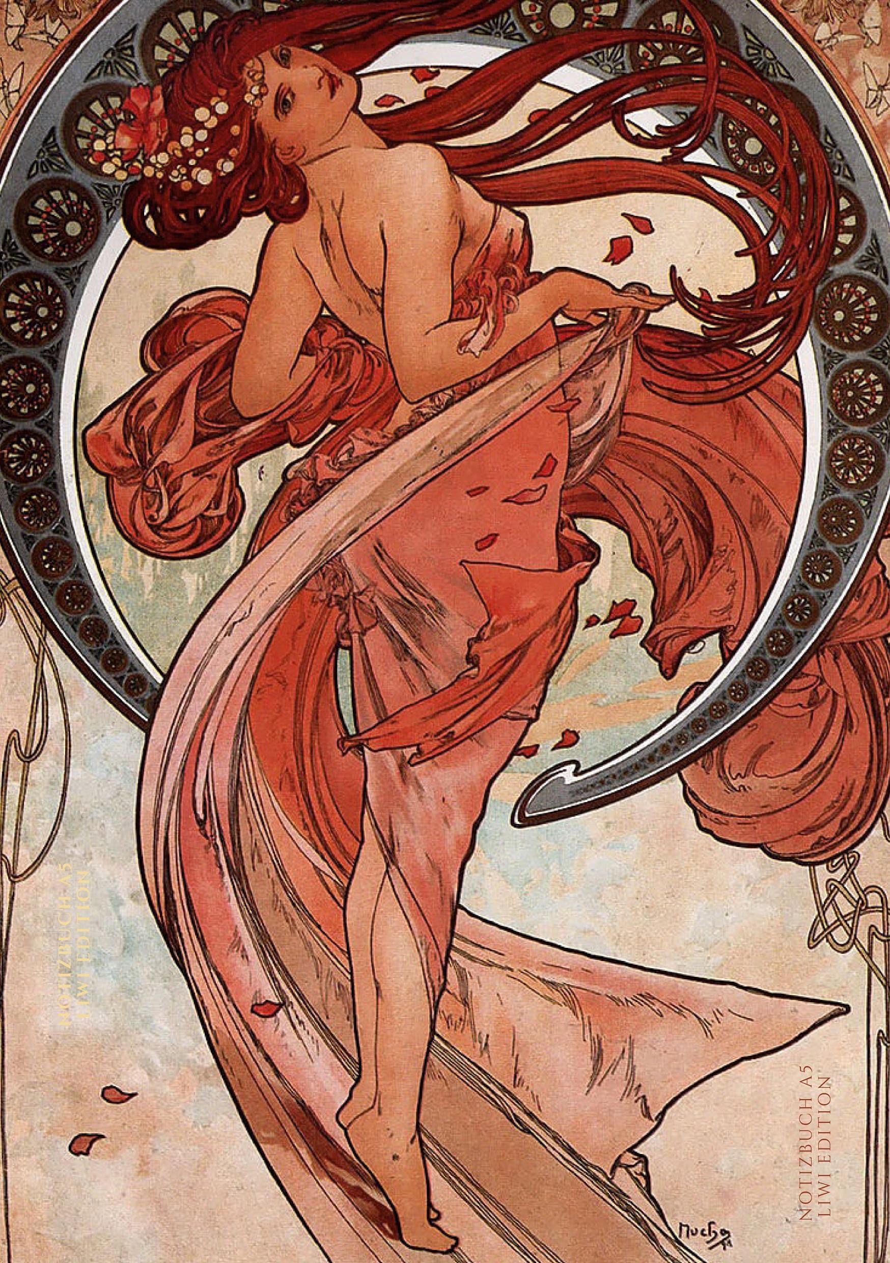 Notizbuch schön gestaltet mit Leseband - A5 Hardcover blanko - Jugendstil Motiv "Tanz"- 100 Seiten 90g/m² - FSC Papier: Notebook A5 - Art nouveau - Journal Hardcover blanko - Alfons Mucha Essays & Short Stories