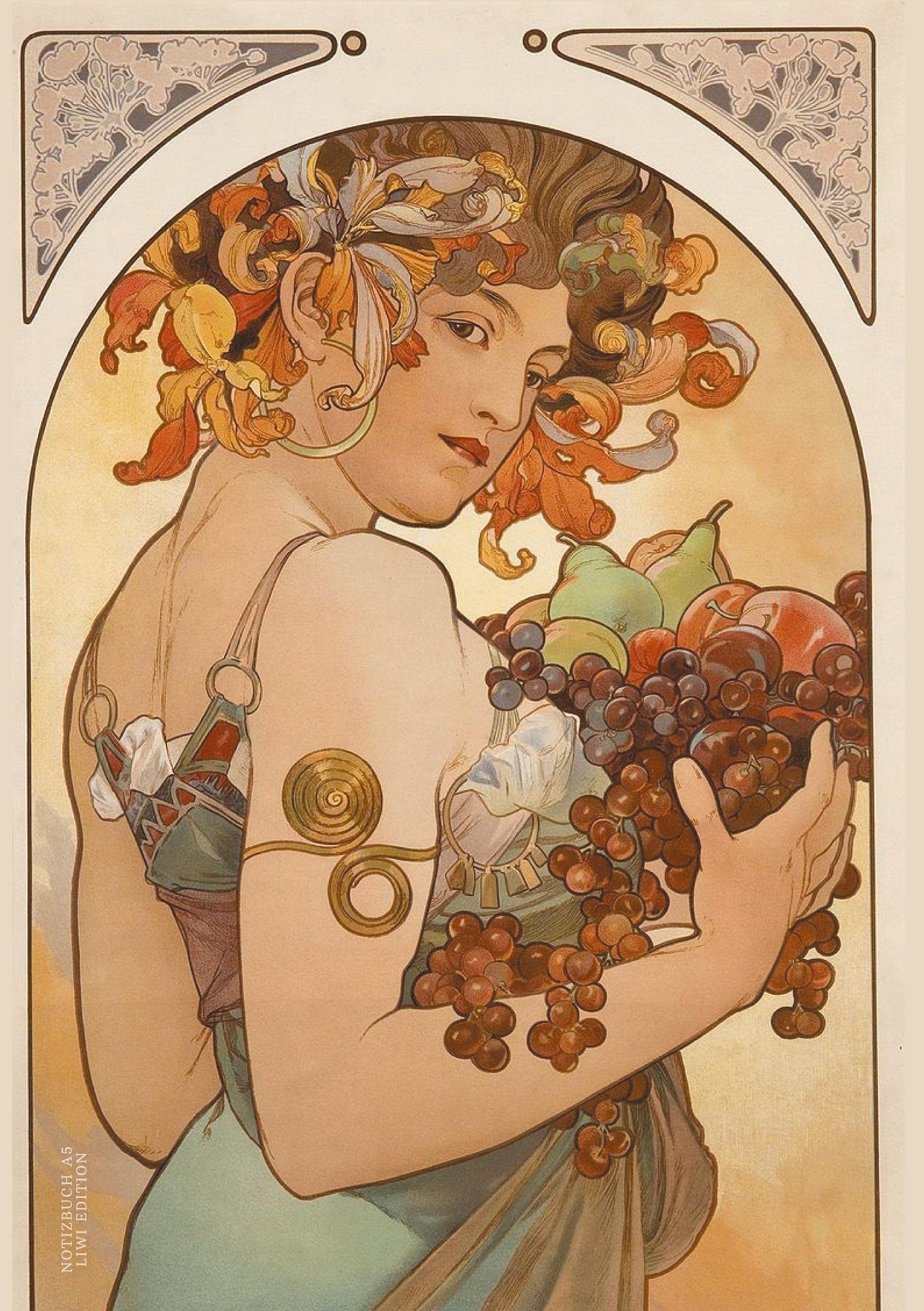 Notizbuch schön gestaltet mit Leseband - A5 Hardcover blanko - Alfons Mucha "Früchte" - 100 Seiten 90g/m² - FSC Papier: Notebook A5 - Art nouveau - Journal gebunden blanko - Jugendstil Essays & Short Stories