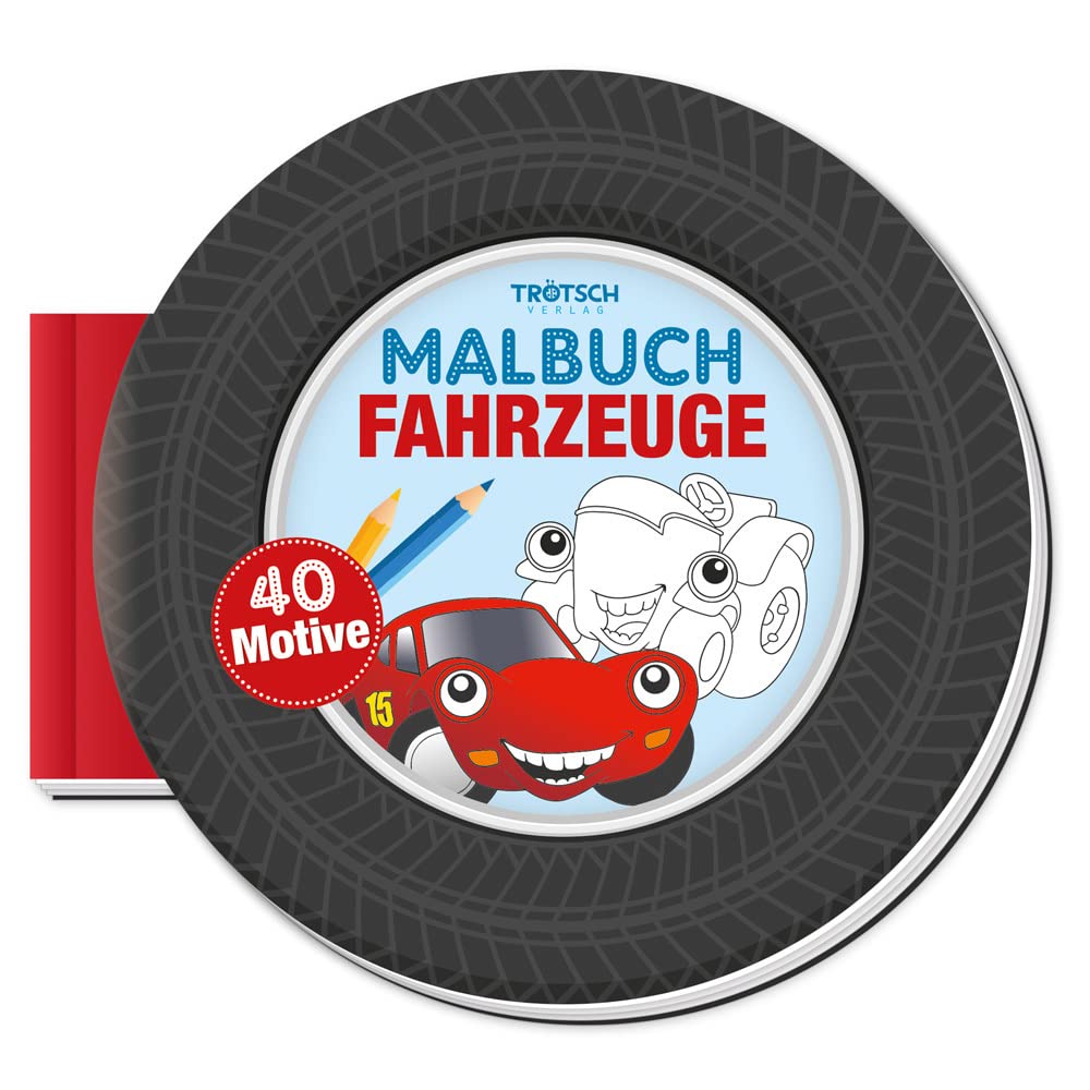 TRÖTSCH - Malbuch "Fahrzeuge" | Handliches Malbuch mit 40 lustigen Fahrzeugen zum Ausmalen: Ausmalbuch mit fühlbarem Autoreifenprofil für ein besonderes Ausmalerlebnis | Ab 3 Jahren Tiptoi & Games