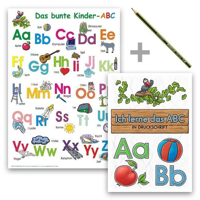 Das bunte Kinder-ABC - Set in Druckschrift: Lernposter DINA 4 laminiert + Schreiblernheft DINA 5 auf 120g/m² Zeichenkarton + Staedler Bleistift Foreign Languages ​​& Dictionaries